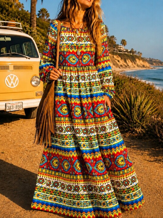 Vintage Dresses & Skirts - Vtg 60s Leland Of California Boho Long Sleeve Maxi Dress Hippie Multicolor